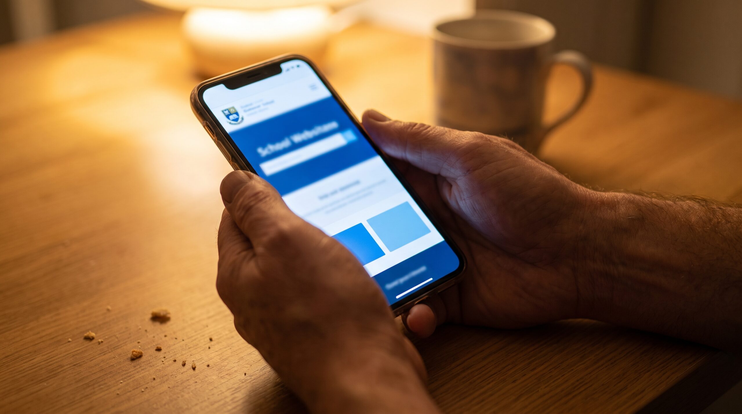 A parent checking a school website on a phone at home in the evening