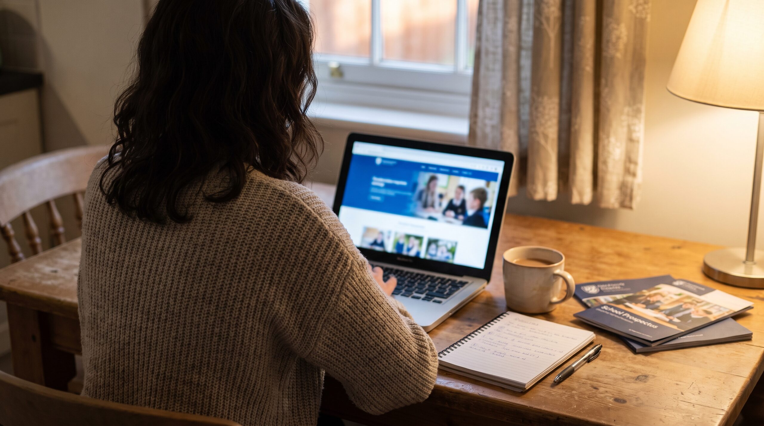 A parent at a kitchen table in the evening looking at a school website on a laptop, with a school prospectus and handwritten notes beside her