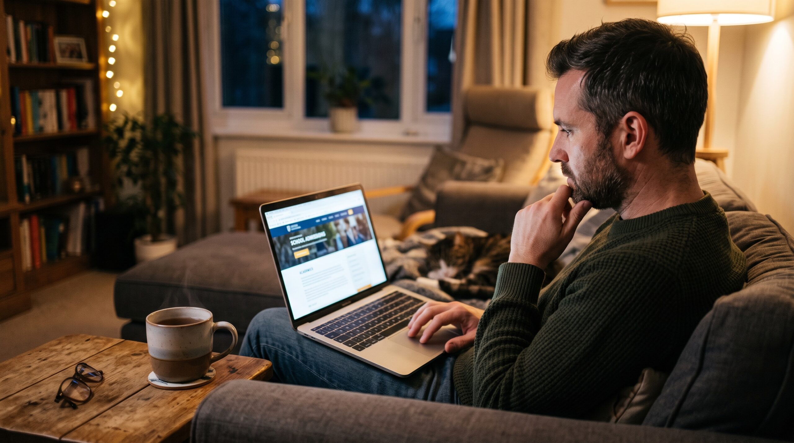 A parent researching a school website at home in the evening
