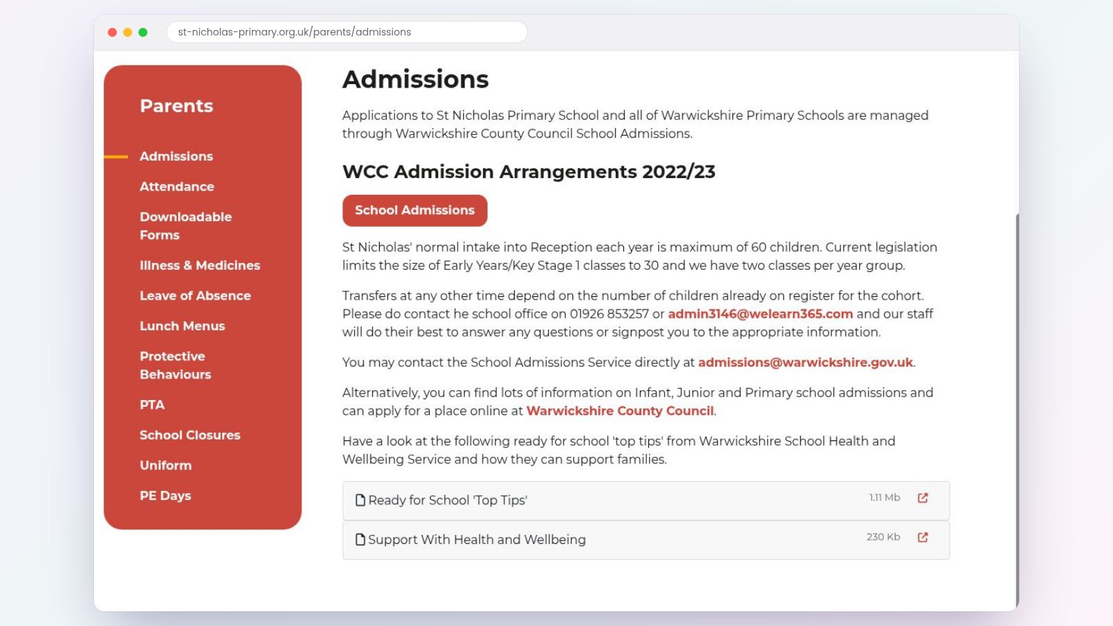 A school website admissions page showing clear contact details, admission arrangements and downloadable forms