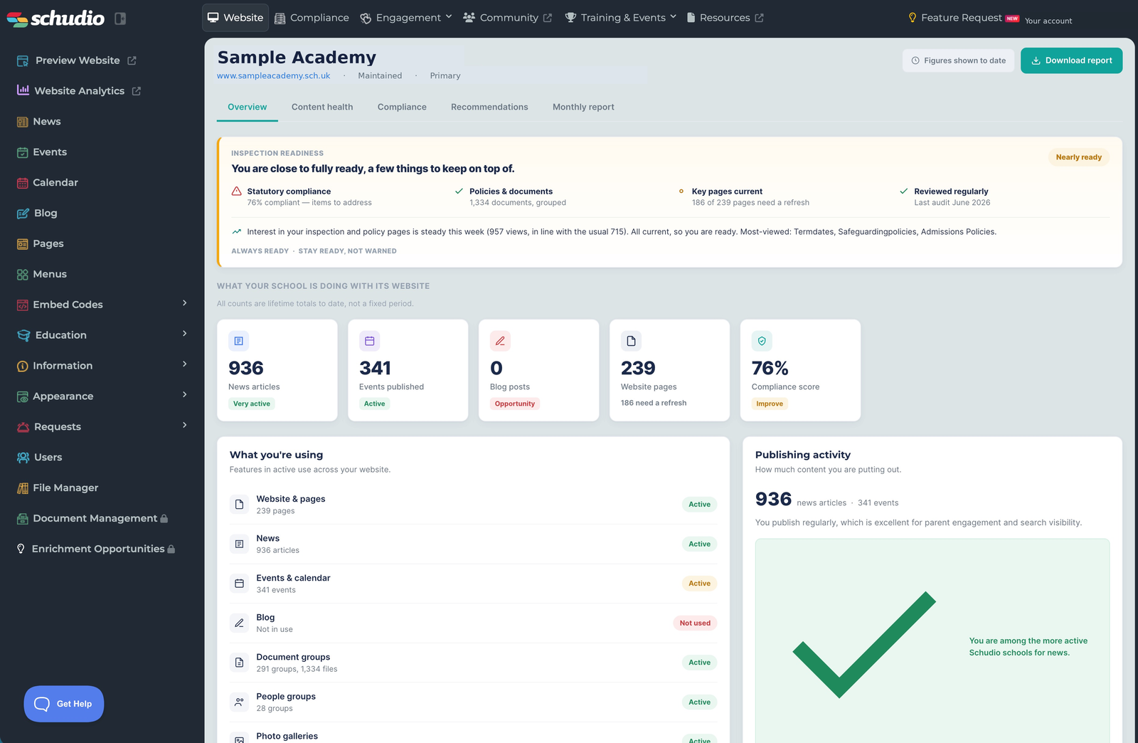 The Website Insights Overview showing inspection readiness, activity cards and a compliance score