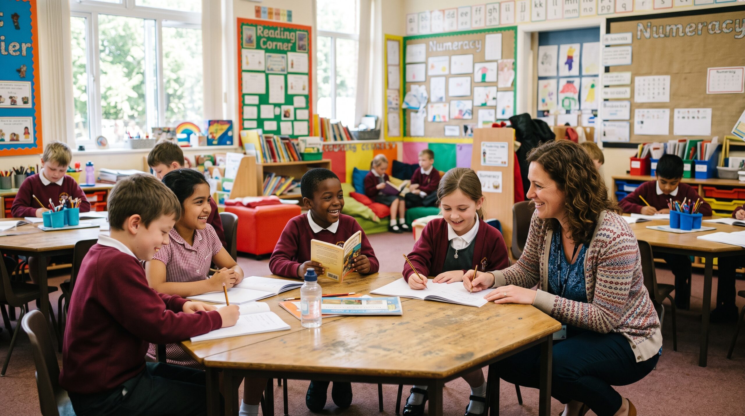 Happy primary school pupils and a teacher working together in a bright, welcoming classroom