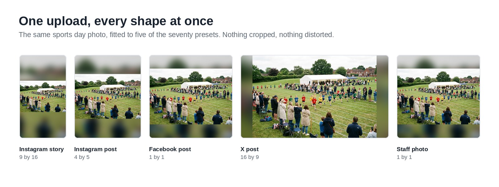 The same school sports day photo shown fitted to an Instagram story, Instagram post, Facebook post, X post and square staff photo