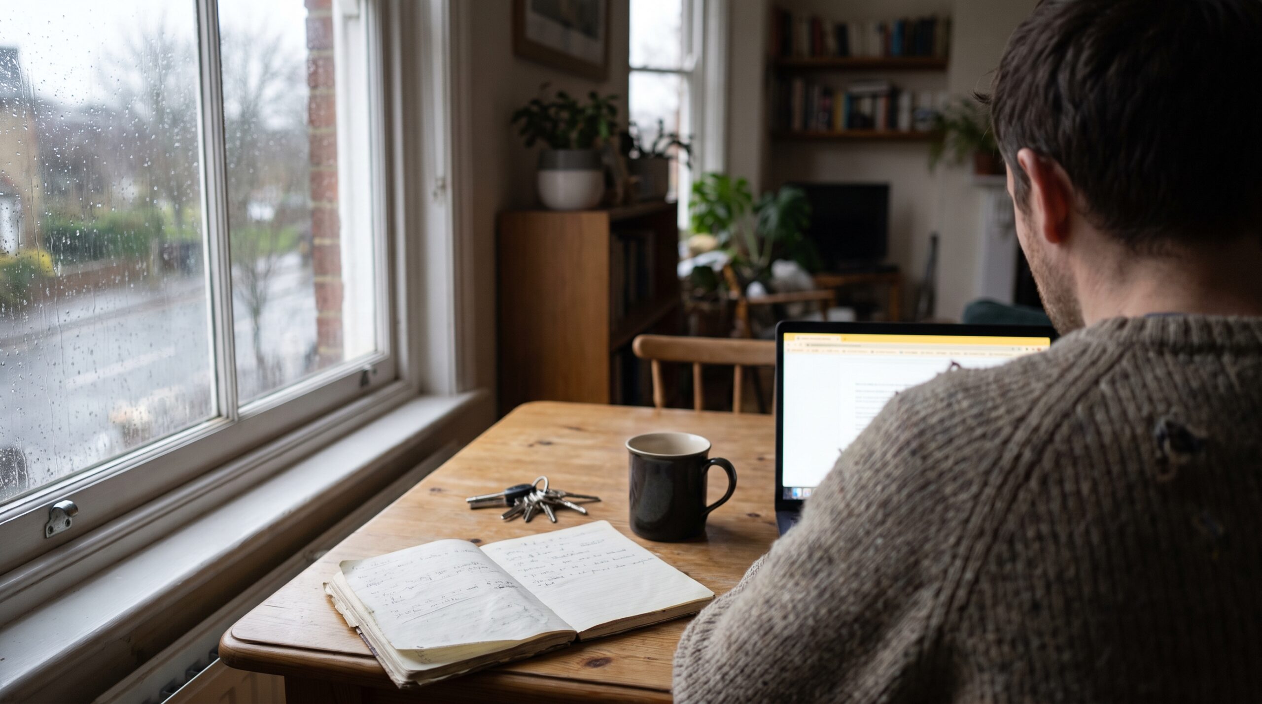 A parent sits at a kitchen table with a laptop and notebook beside a rain-covered window, waiting to hear about a school place
