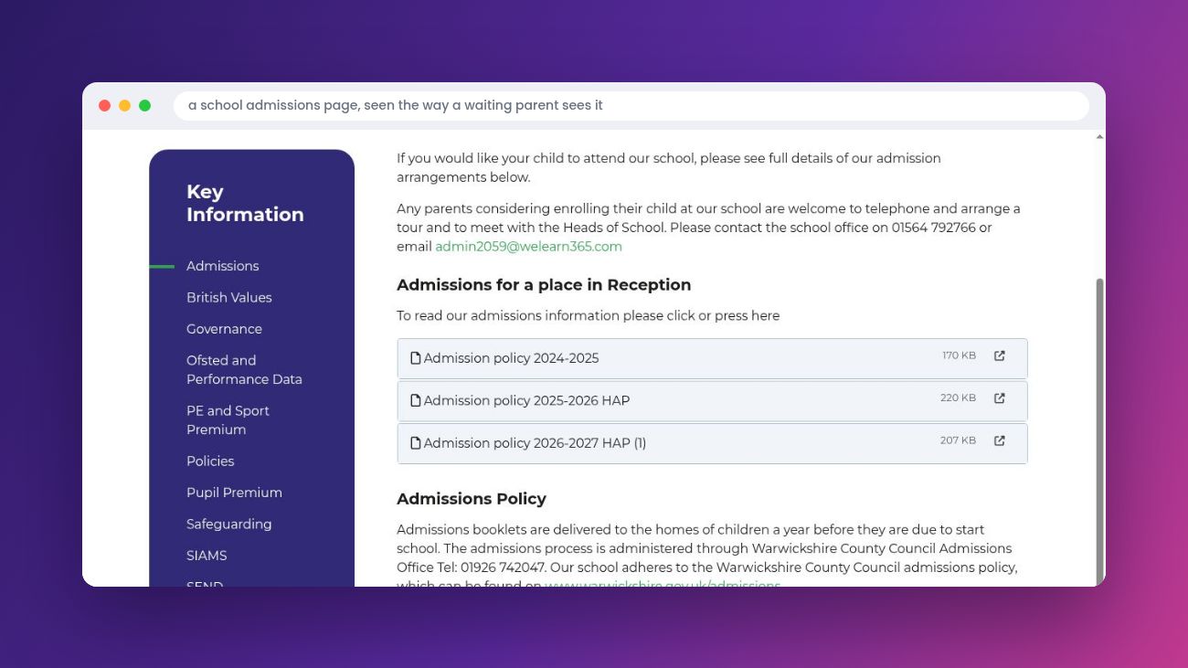 A school website admissions page shown in a browser window, listing admission policies, contact details and Key Information links