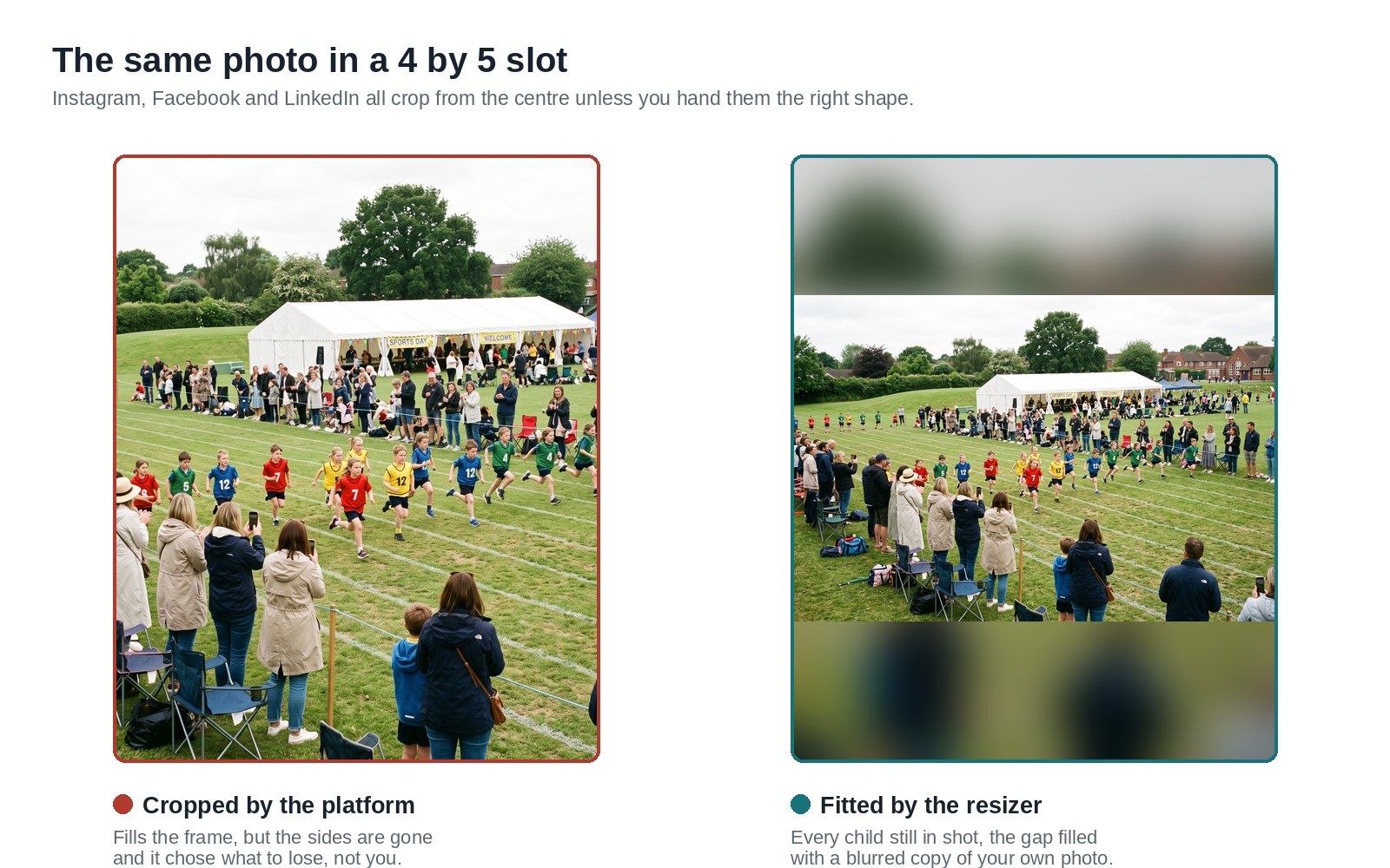 Side by side comparison of a school sports day photo in a 4 by 5 slot, cropped by the platform losing the sides, and fitted by the resizer keeping the whole picture
