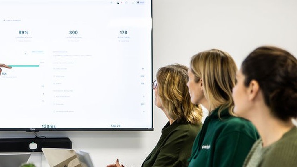 Schudio colleagues reviewing a school website compliance dashboard together in a meeting