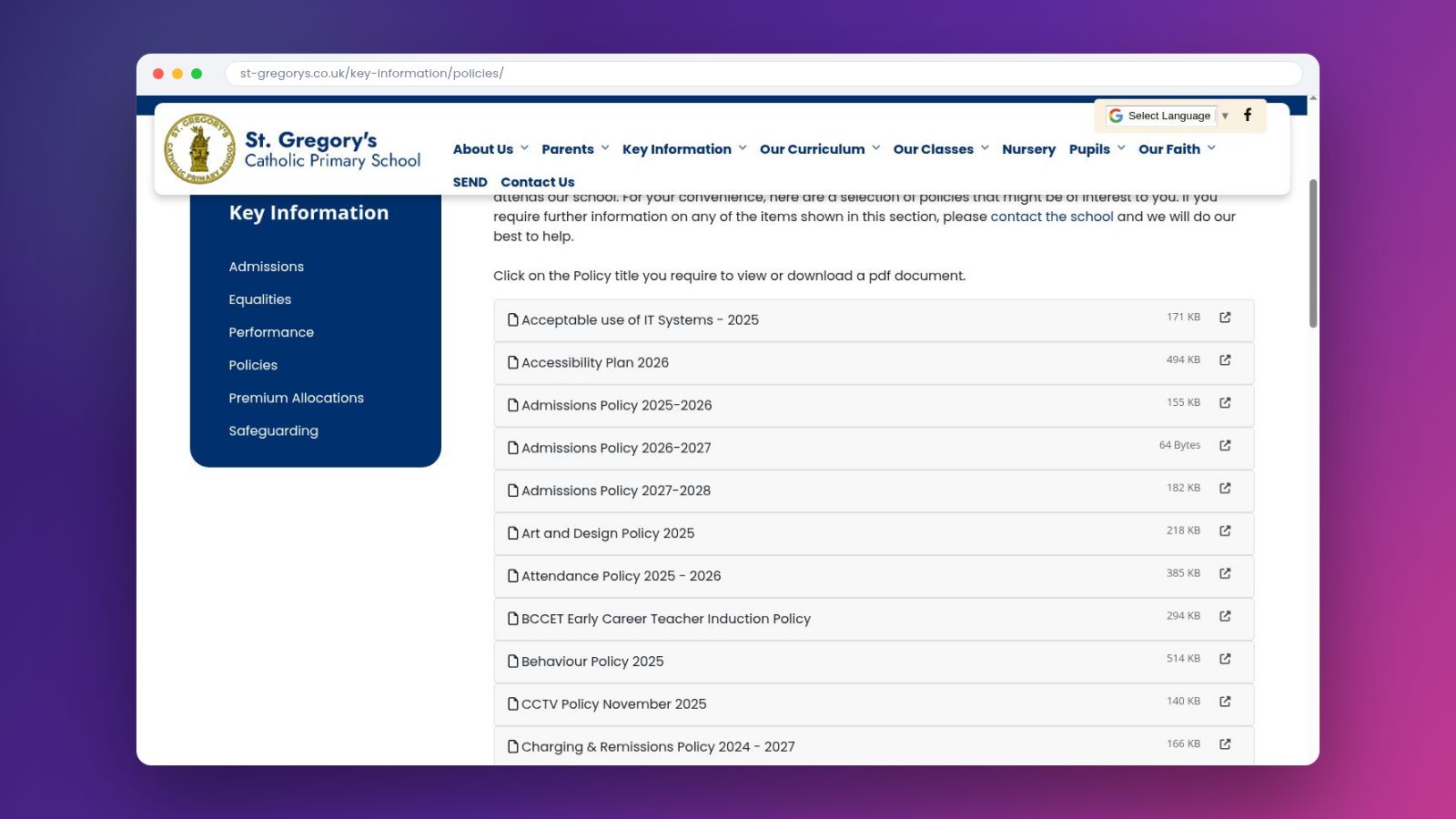 A live school website policies page listing dated statutory documents including an accessibility plan, admissions policies and a behaviour policy