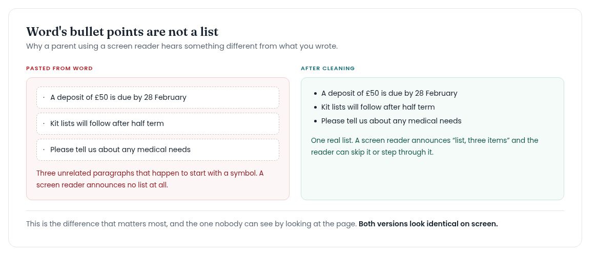 Comparison of three paragraphs each starting with a bullet symbol against a properly marked up list of the same three items