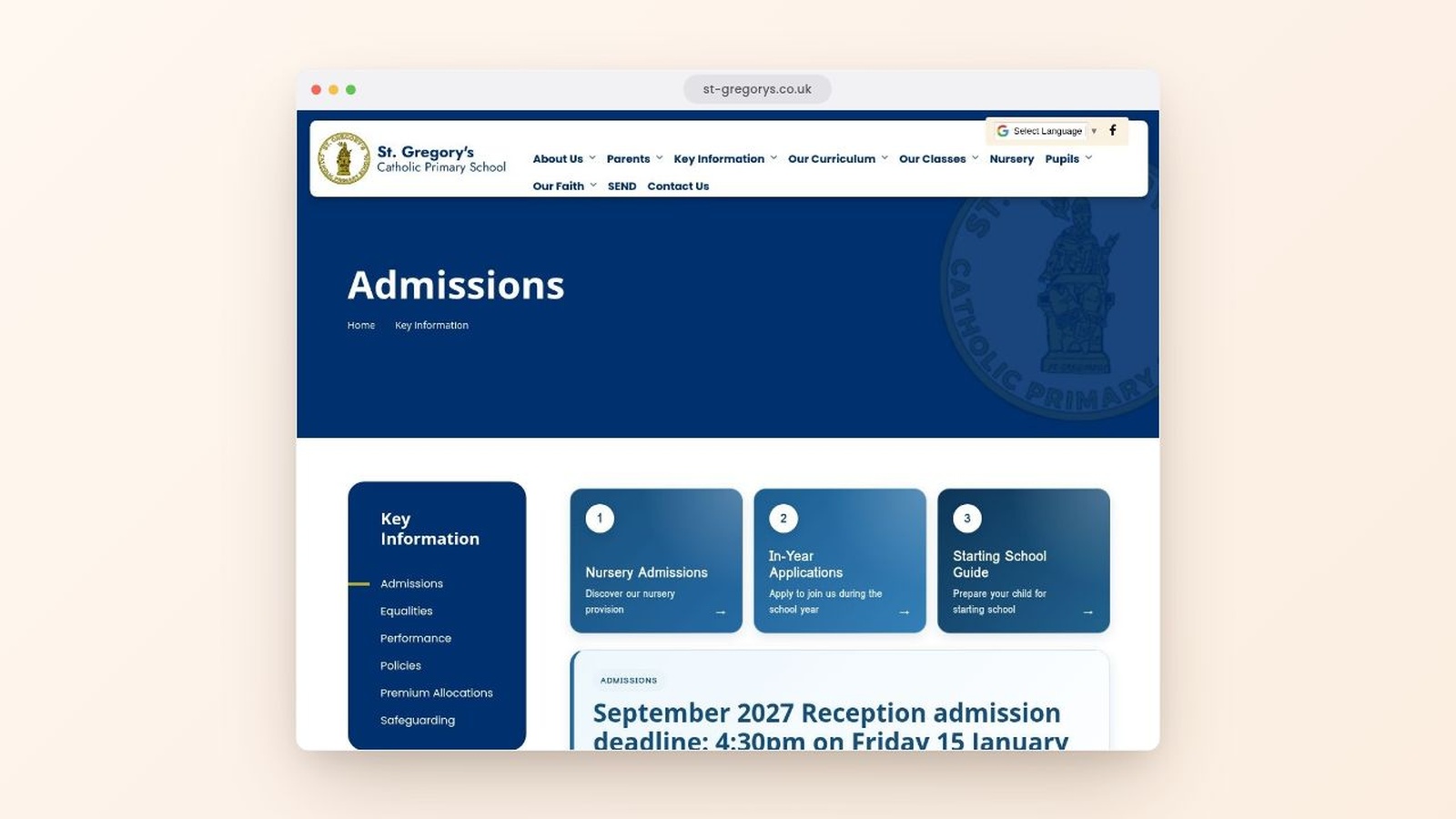 A live Schudio built school website shown in a browser, open on the admissions page with the key information menu