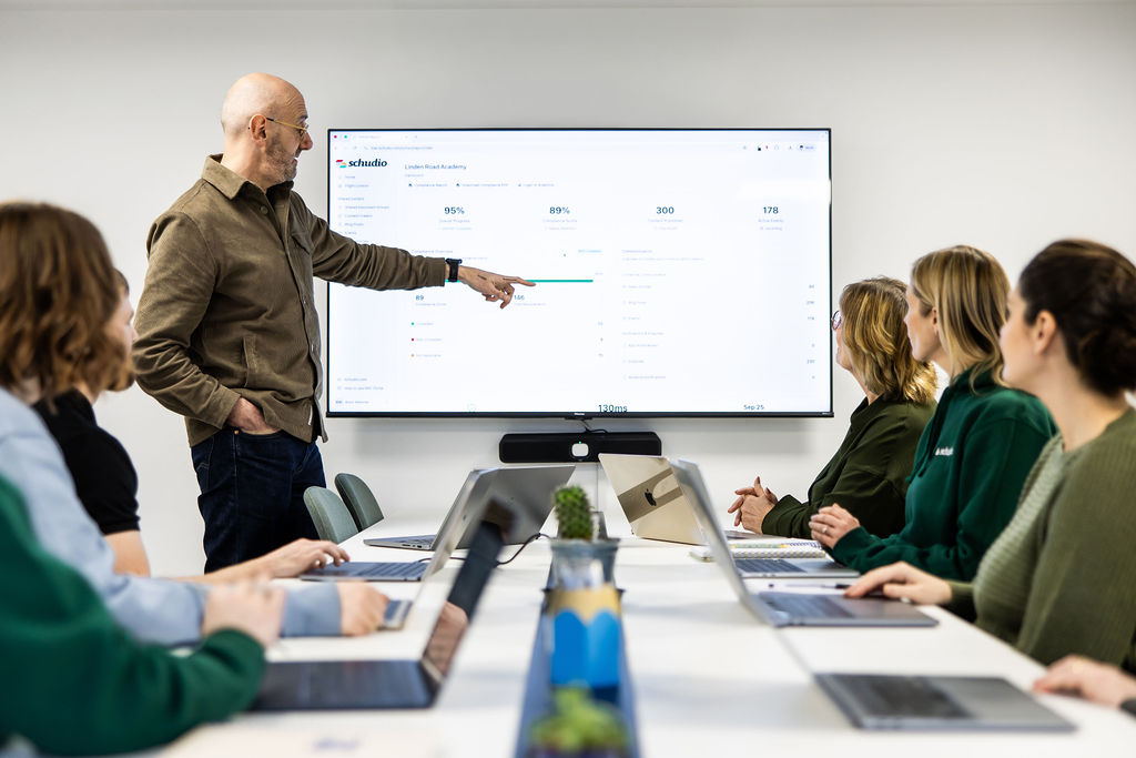 Schudio team members around a meeting table reviewing website data on a large screen