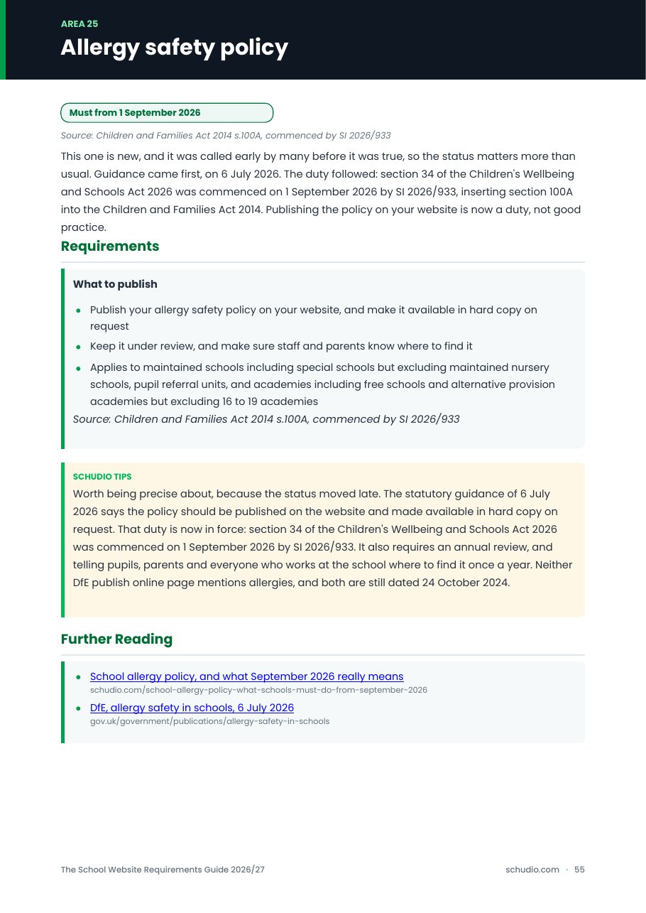 Guide page on the allergy safety policy schools must publish from 1 September 2026