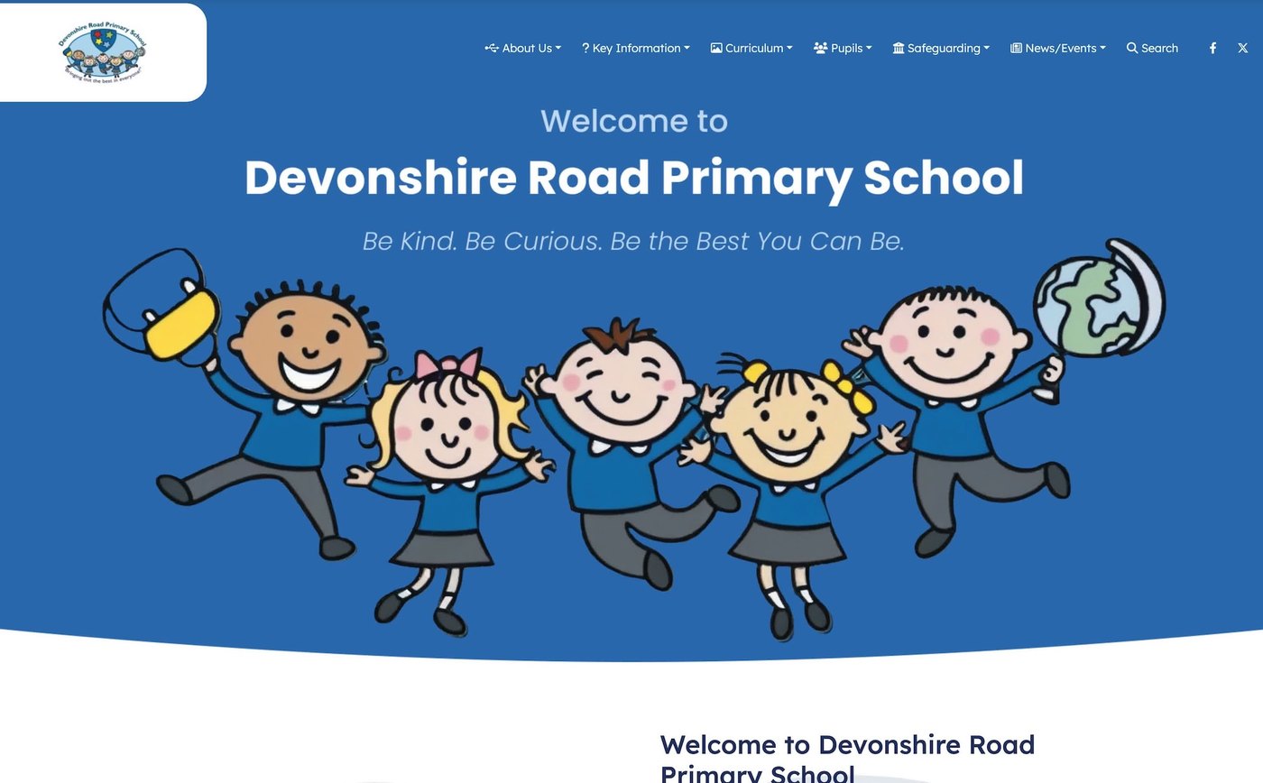 The Devonshire Road Primary School website homepage, built and supported by Schudio