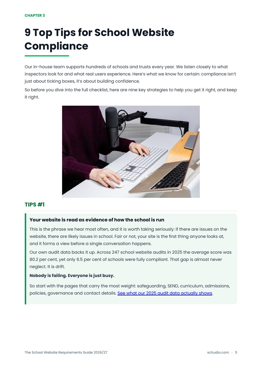 Guide page with Schudio’s top tips for school website compliance
