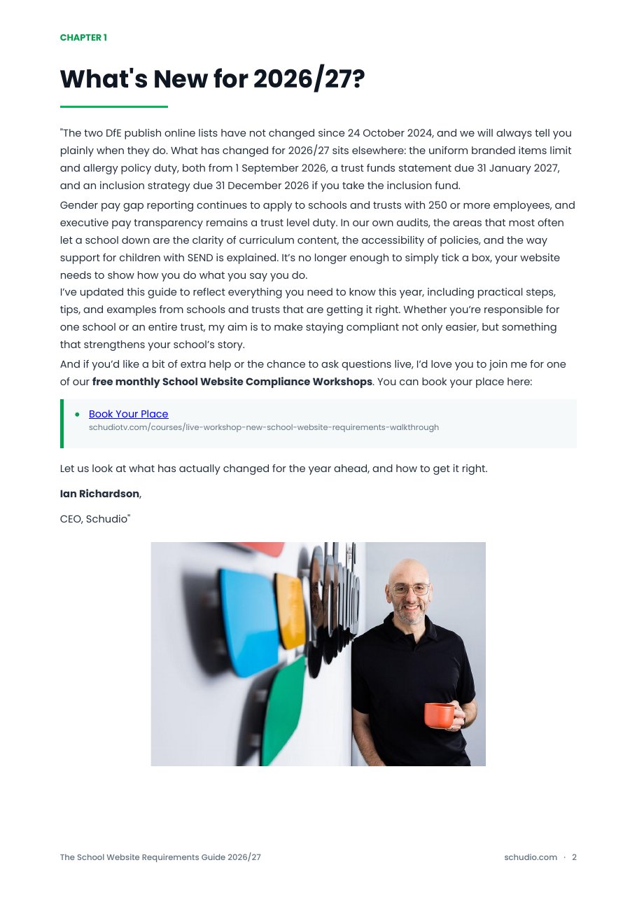 Guide page explaining what has changed for school website requirements in 2026/27