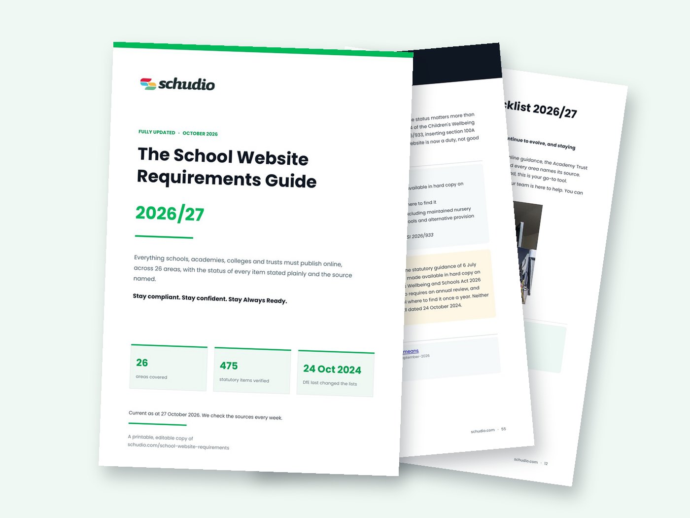 The School Website Requirements Guide 2026/27 by Schudio, showing the cover, the allergy policy page and the compliance checklist