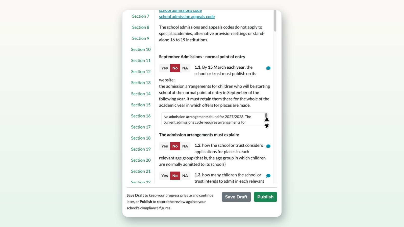 A Schudio AI audit flagging missing admission arrangements for 2027 to 2028, with Yes, No and NA options and Save Draft and Publish buttons