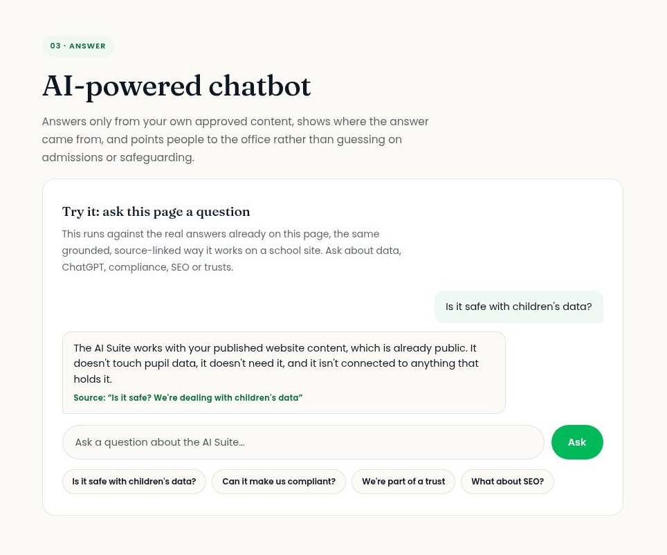 The Schudio AI chatbot answering 'Is it safe with children's data?' with a short answer and the source it came from