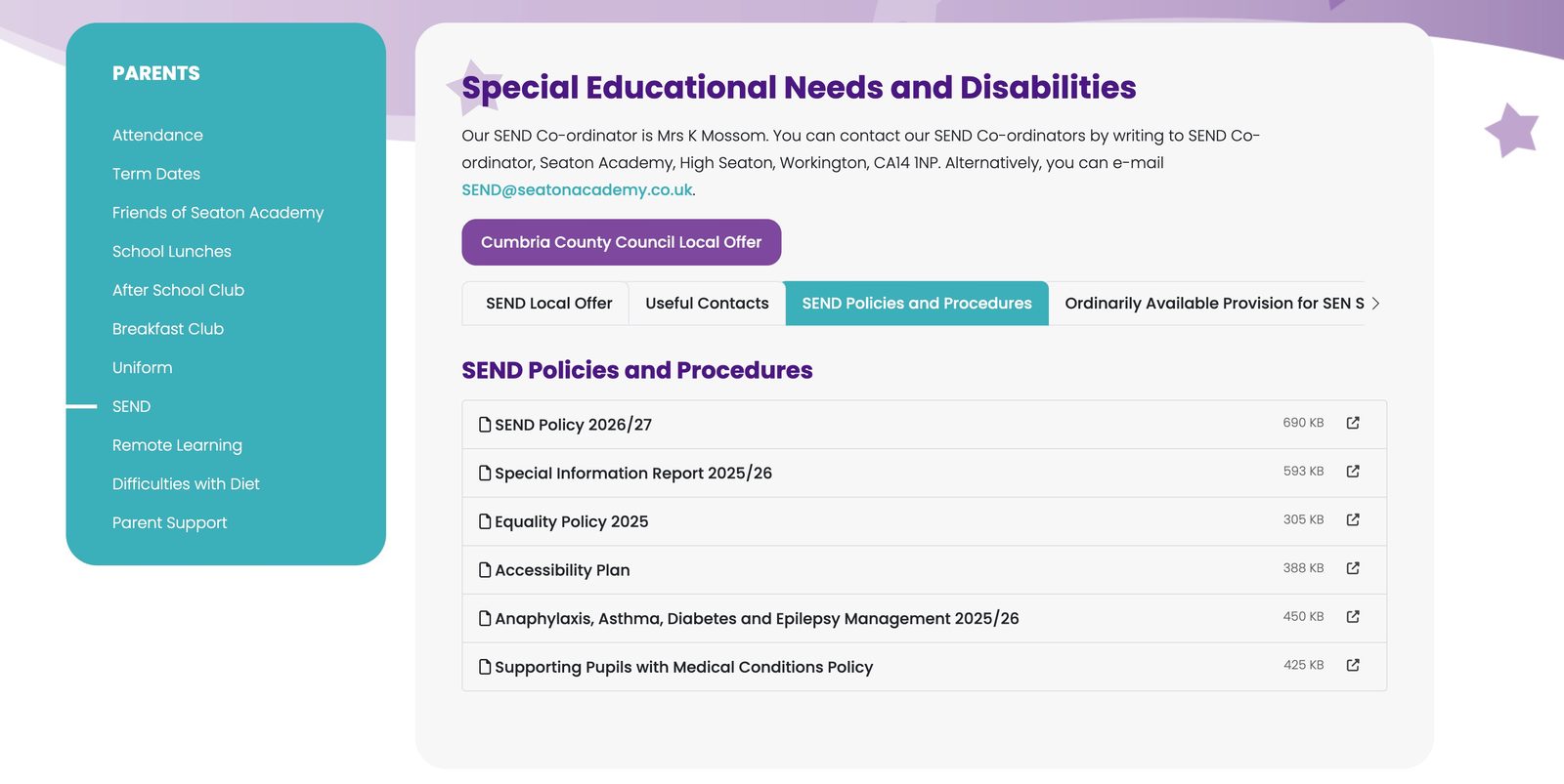 A Schudio Document Group listing every current SEND policy on a school website