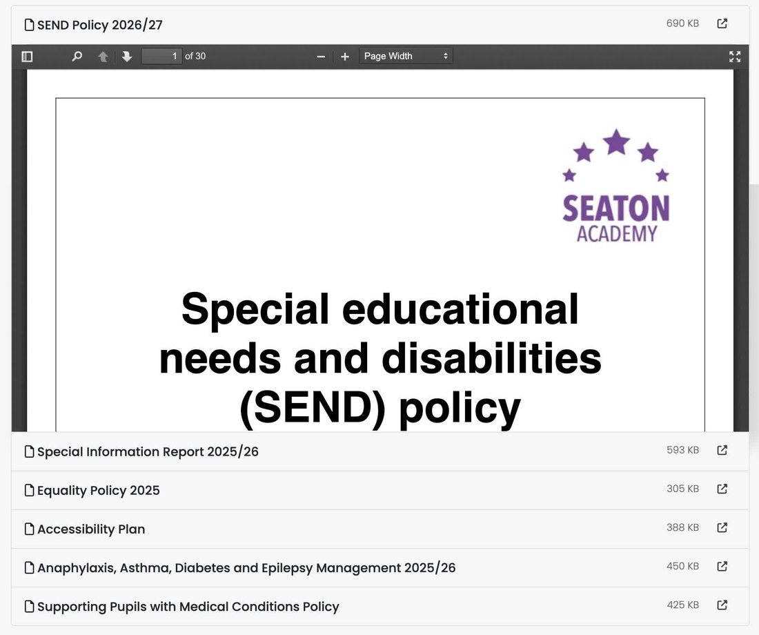 Seaton Academy website: the SEND policy open in the Document Group preview, with the other SEND documents listed below