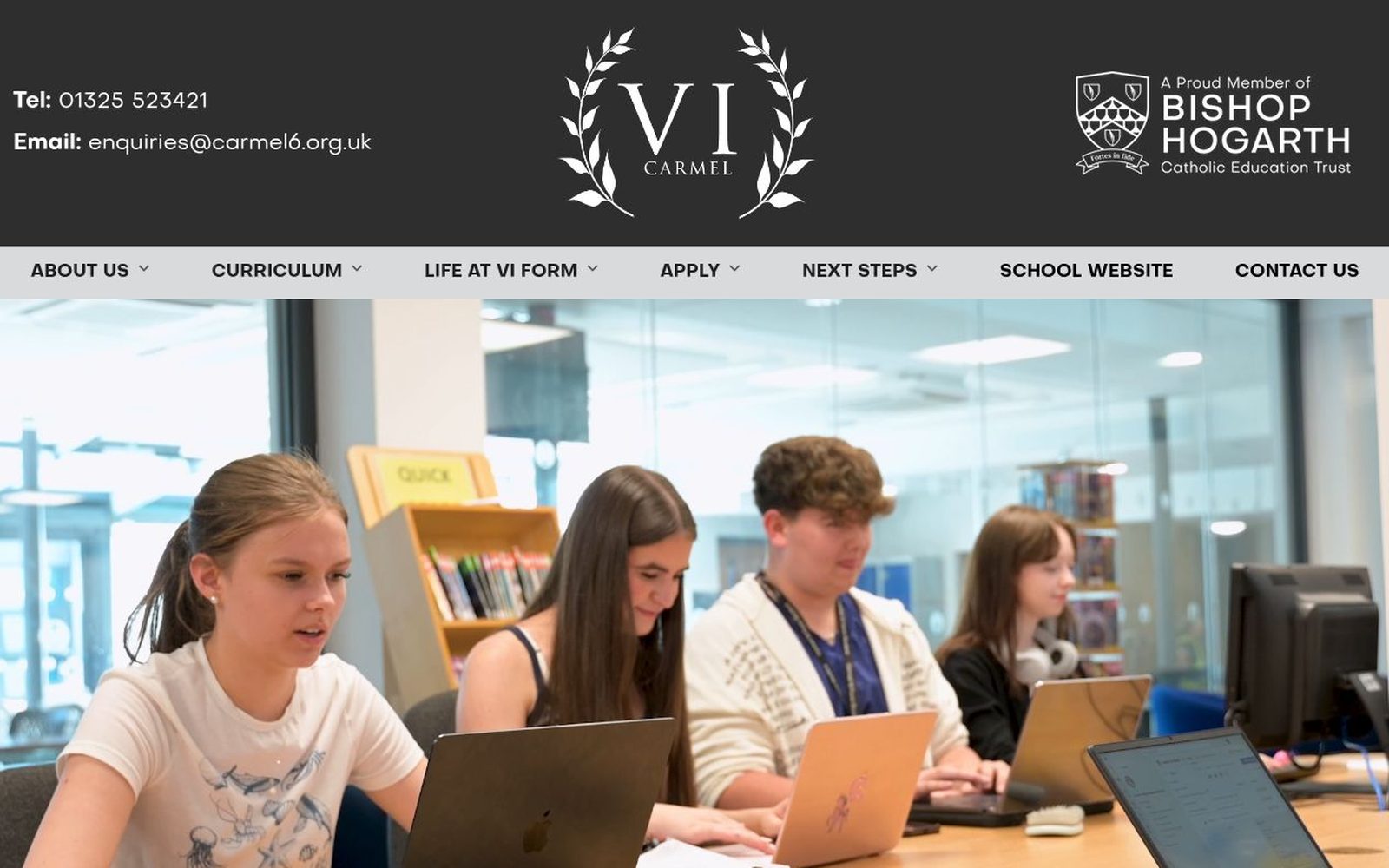 Carmel VI Form website homepage, designed by Schudio