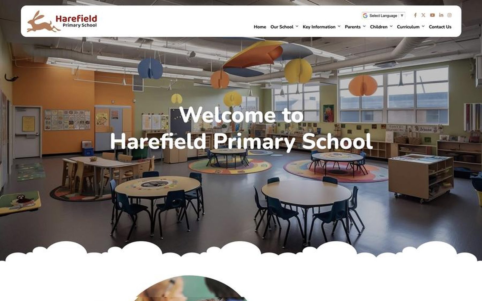 Harefield Primary School website homepage, designed by Schudio