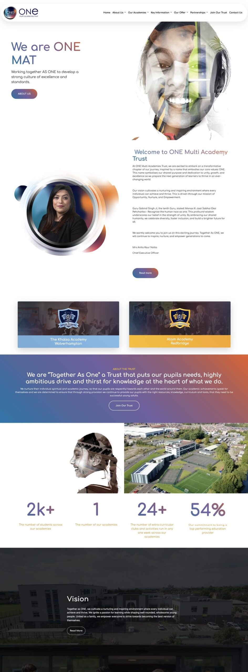ONE Multi Academies Trust website homepage, designed by Schudio