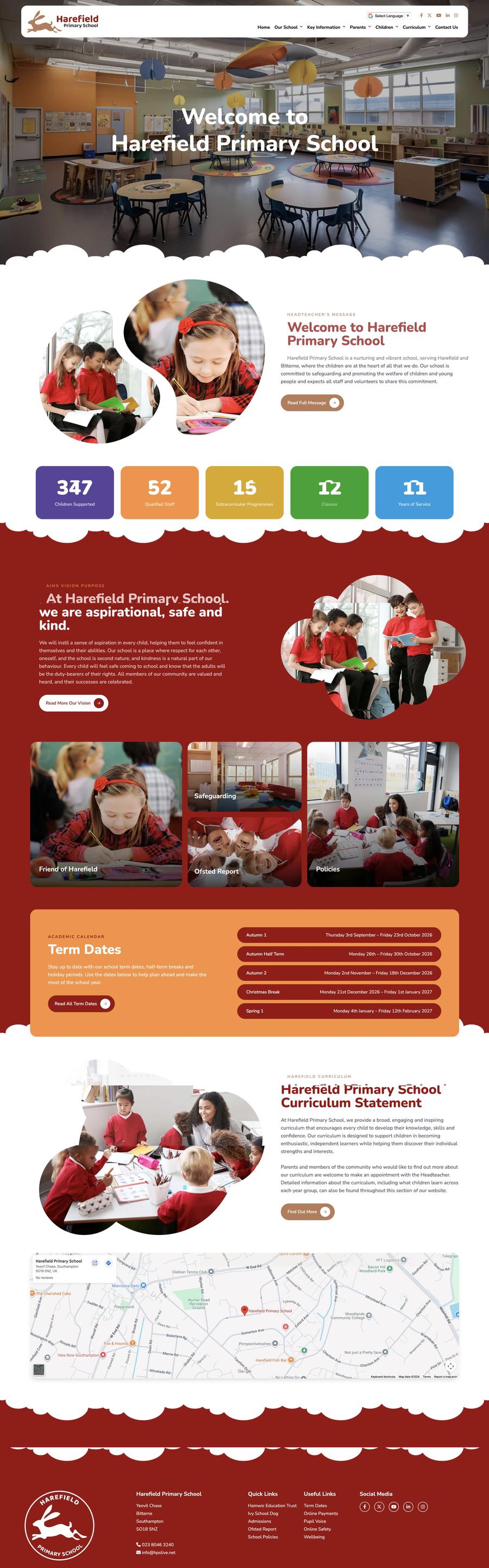 Harefield Primary School website, full homepage