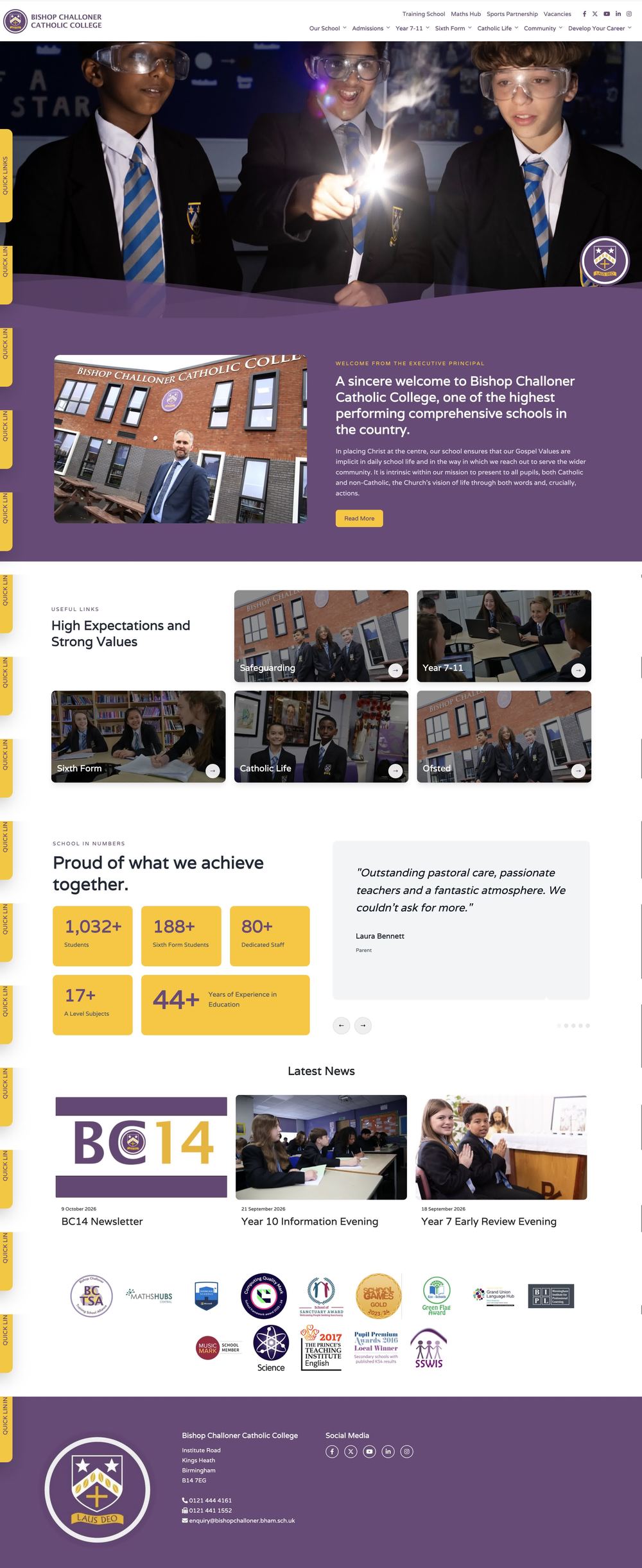 Bishop Challoner Catholic College website homepage, designed by Schudio