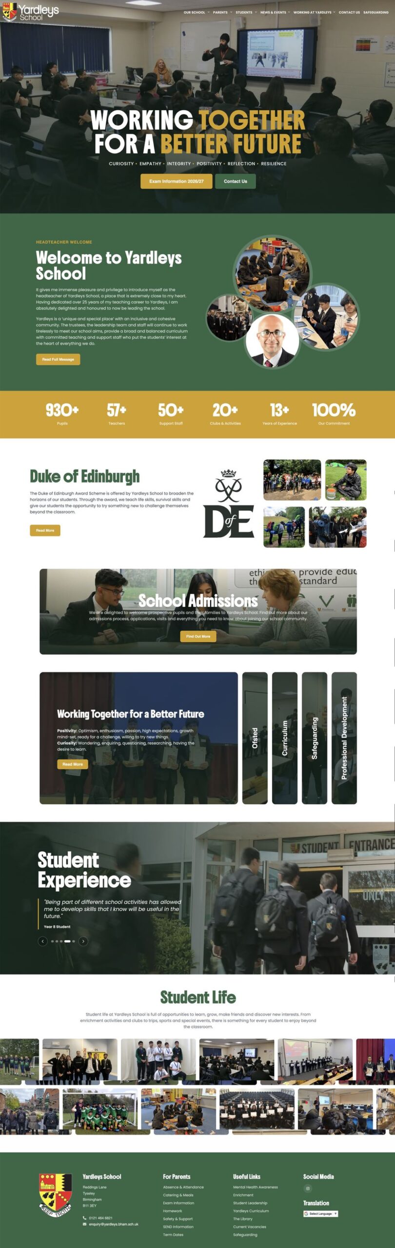 Yardleys School website homepage, designed by Schudio