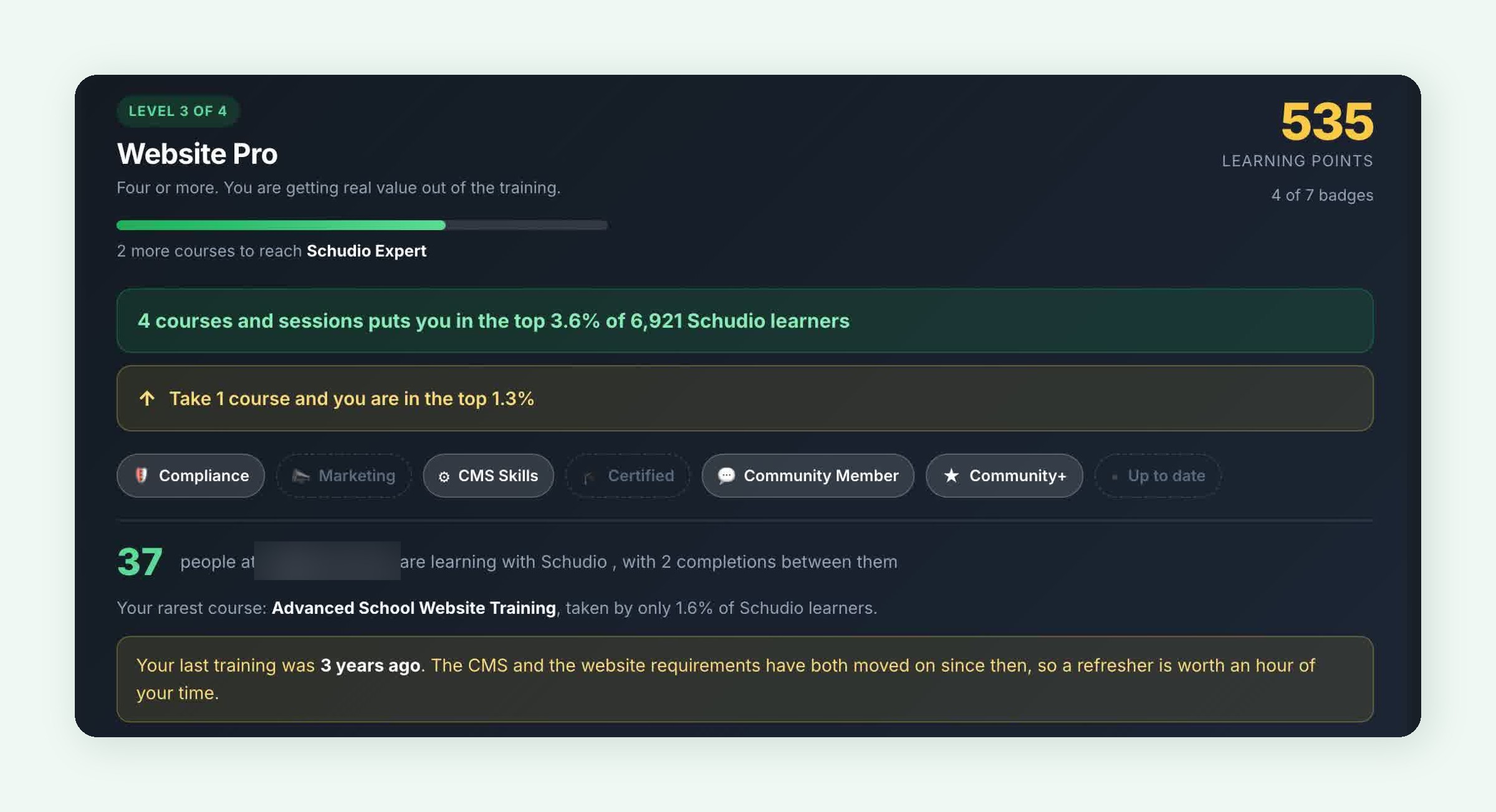 The Training Dashboard showing level 3 of 4, Website Pro, 535 learning points, a top 3.6 per cent ranking, a next step nudge and seven badges