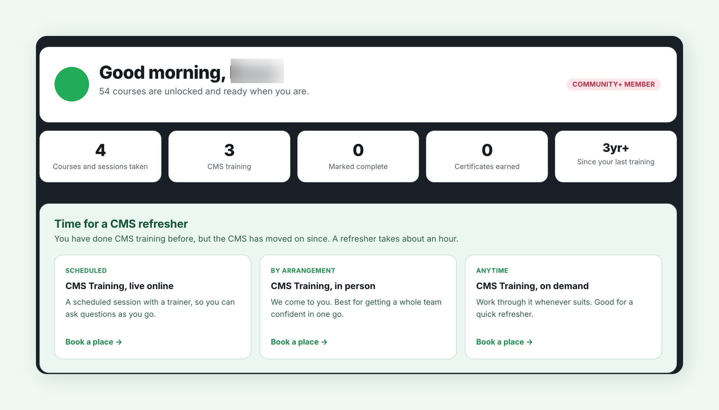 The top of the Schudio Training Dashboard showing courses taken, CMS sessions, completions, certificates, time since last training and a CMS refresher panel