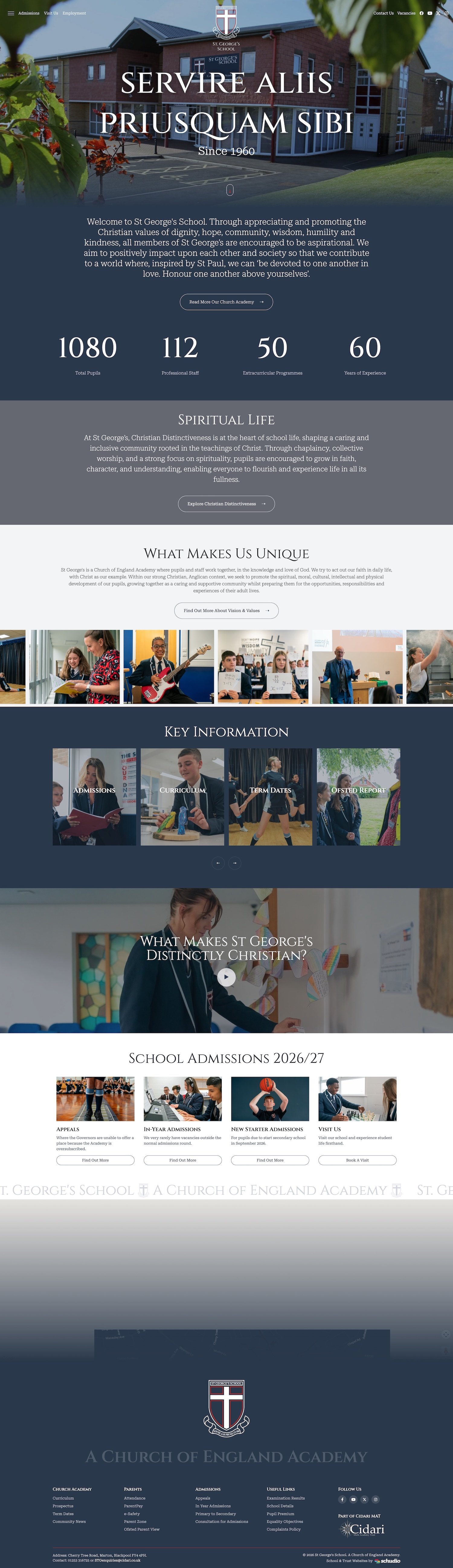 The full homepage of St George's School, Blackpool, from the welcome section to the footer